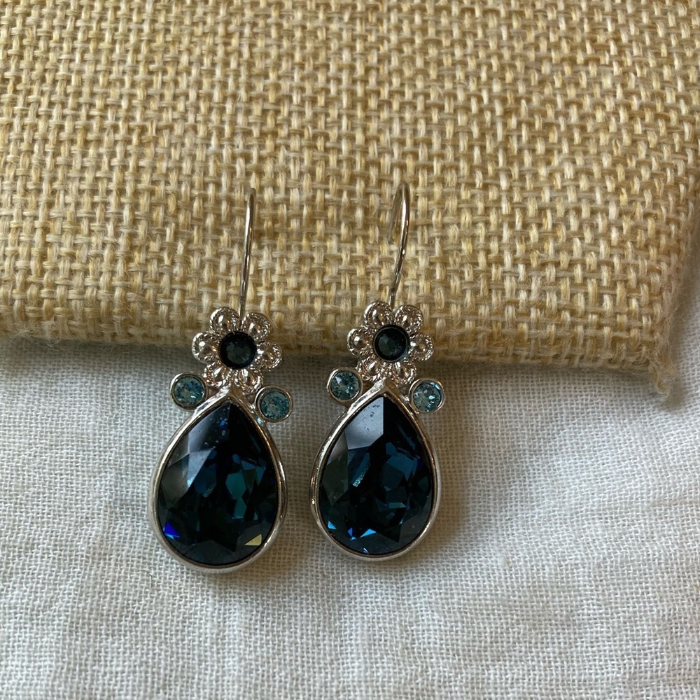 Myka Signed Lever Back‎ Earrings with Blue Floral and Teardrop